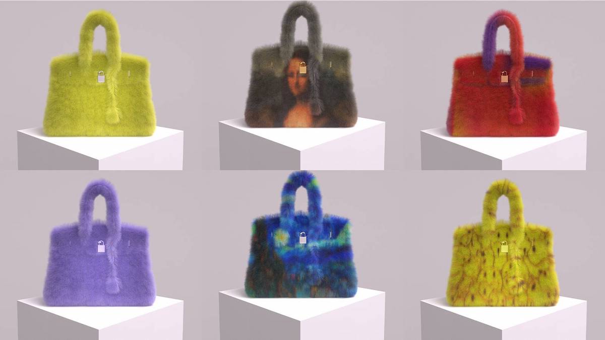 A group of renderings of purses on pedestals covered in fake fur. Some contain versions of famed paintings on them.