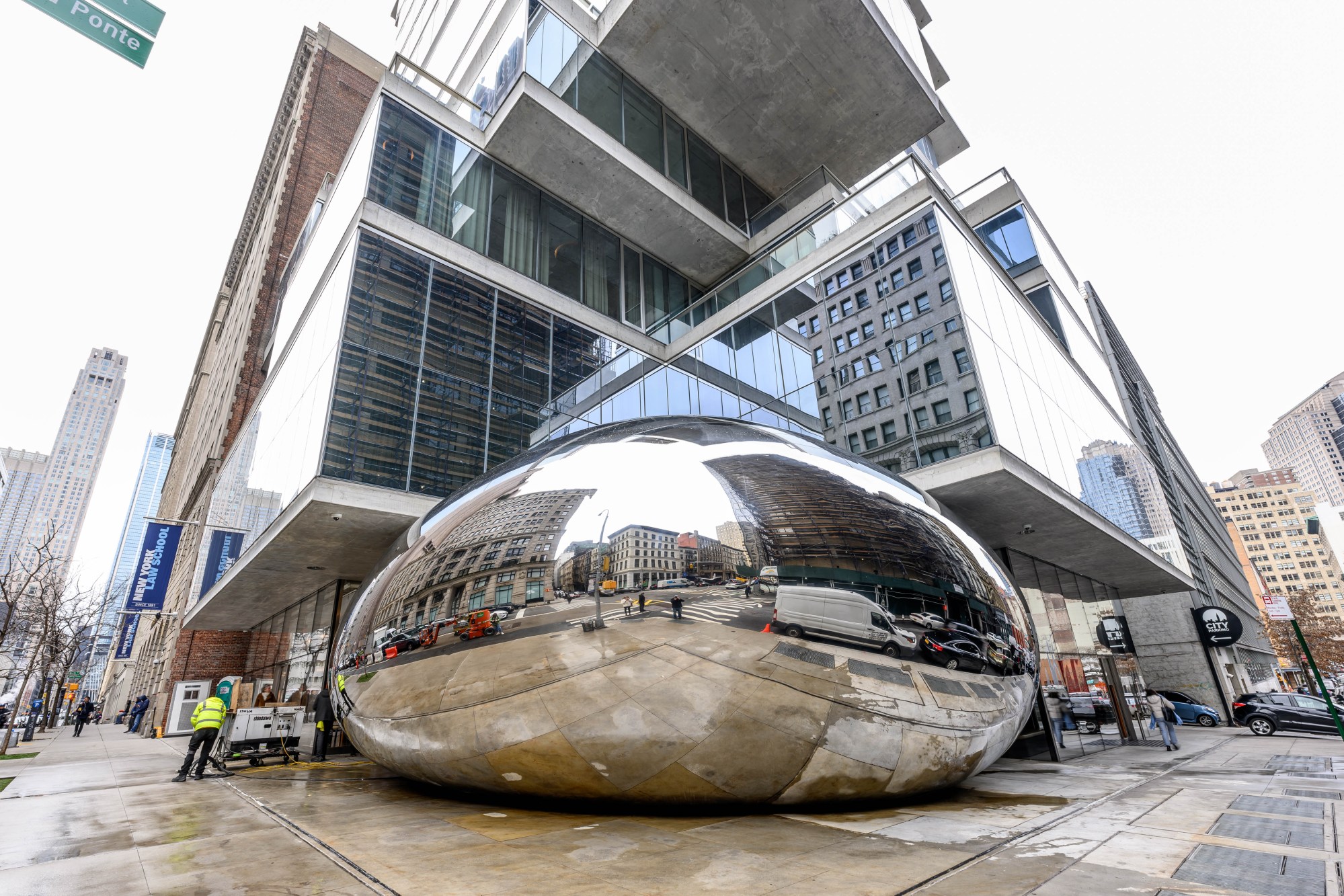 NEW YORK, NEW YORK - JANUARY 31: View of a new permanent public artwork by artist Anish Kapoor at 56 Leonard Street, in the Tribeca neighborhood, on opening day, January 31, 2023, in New York City. The artwork is integrated into the building and is a collaboration with the Herzog & de Meuron architecture firm. (Photo by Roy Rochlin/Getty Images)