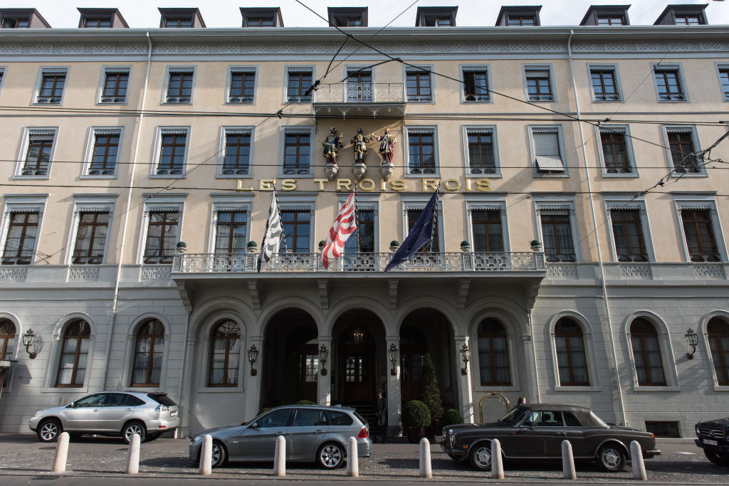 The front of the Les Trois Rois hotel in Basel, Switzerland, 3 November 2015. Chef Peter Knogl has been awarded a third Michelin star for his restaurant Cheval Blanc. PHOTO: PATRICK SEEGER/DPA | usage worldwide (Photo Patrick Seeger/picture alliance via Getty Images)