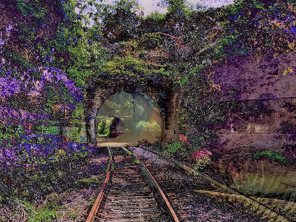 a pixelated digital image of train tracks going into a tunnel surrounded by purple and green foliage