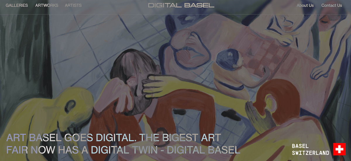 A website screenshot with the phrase 'ART BASEL GOES DIGITAL THE BIGGEST ART FAIR NOW HAS A DIGITAL TWIN - DIGITAL BASEL,' 'the words 'BASEL SWITZERLAND,' and a Swiss flag atop a painting of various figures at a table.